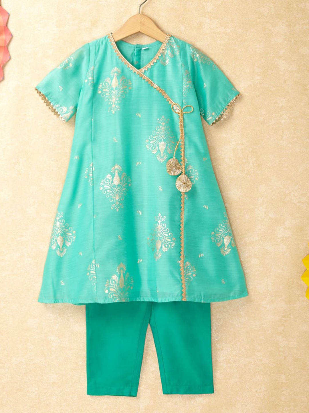 

The Magic Wand Girls Sea Green Floral Printed Angrakha Kurta with Trousers