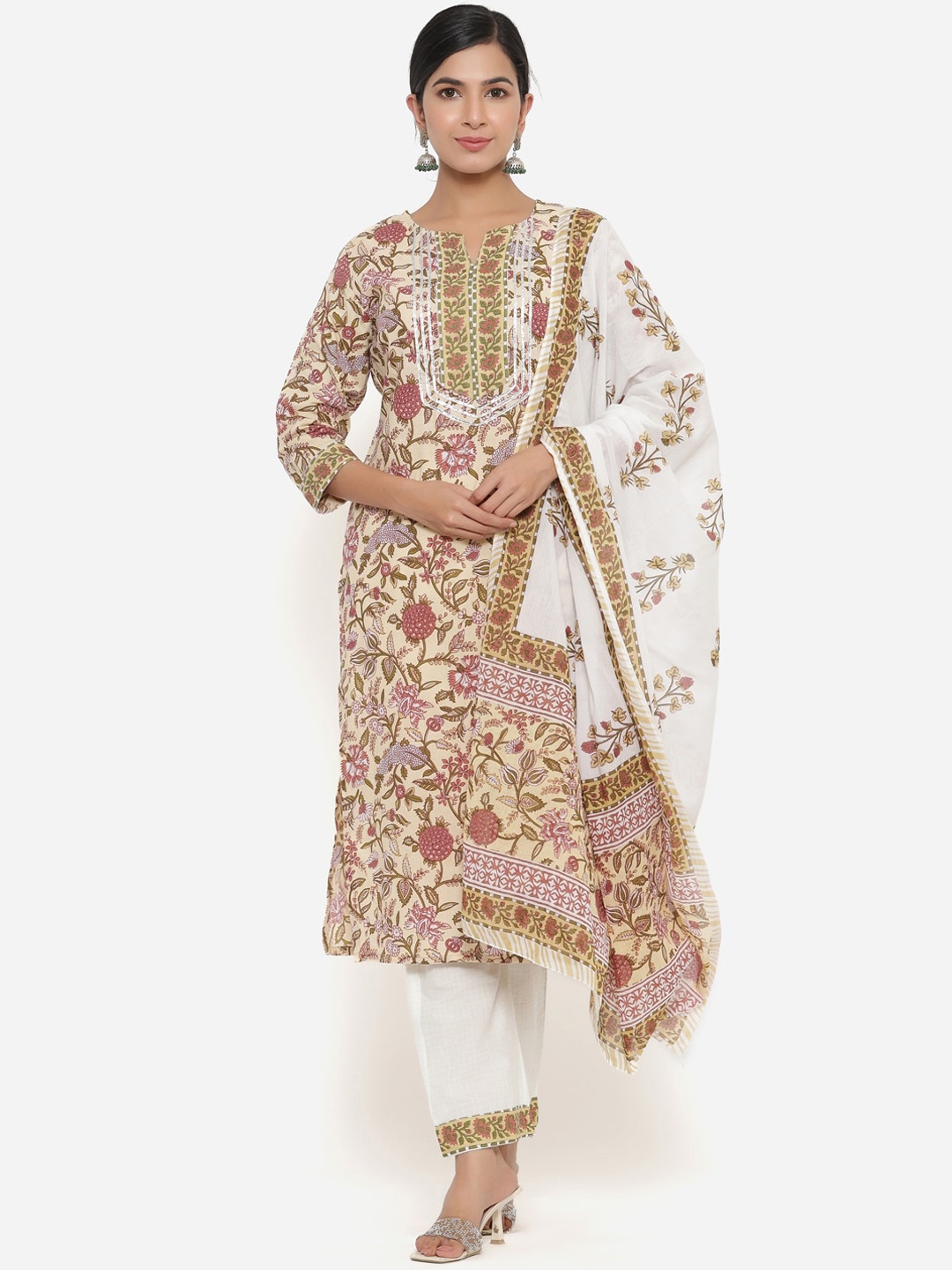 

SBR BABA KURTI Women Beige Floral Printed Pure Cotton Kurta with Trousers & With Dupatta