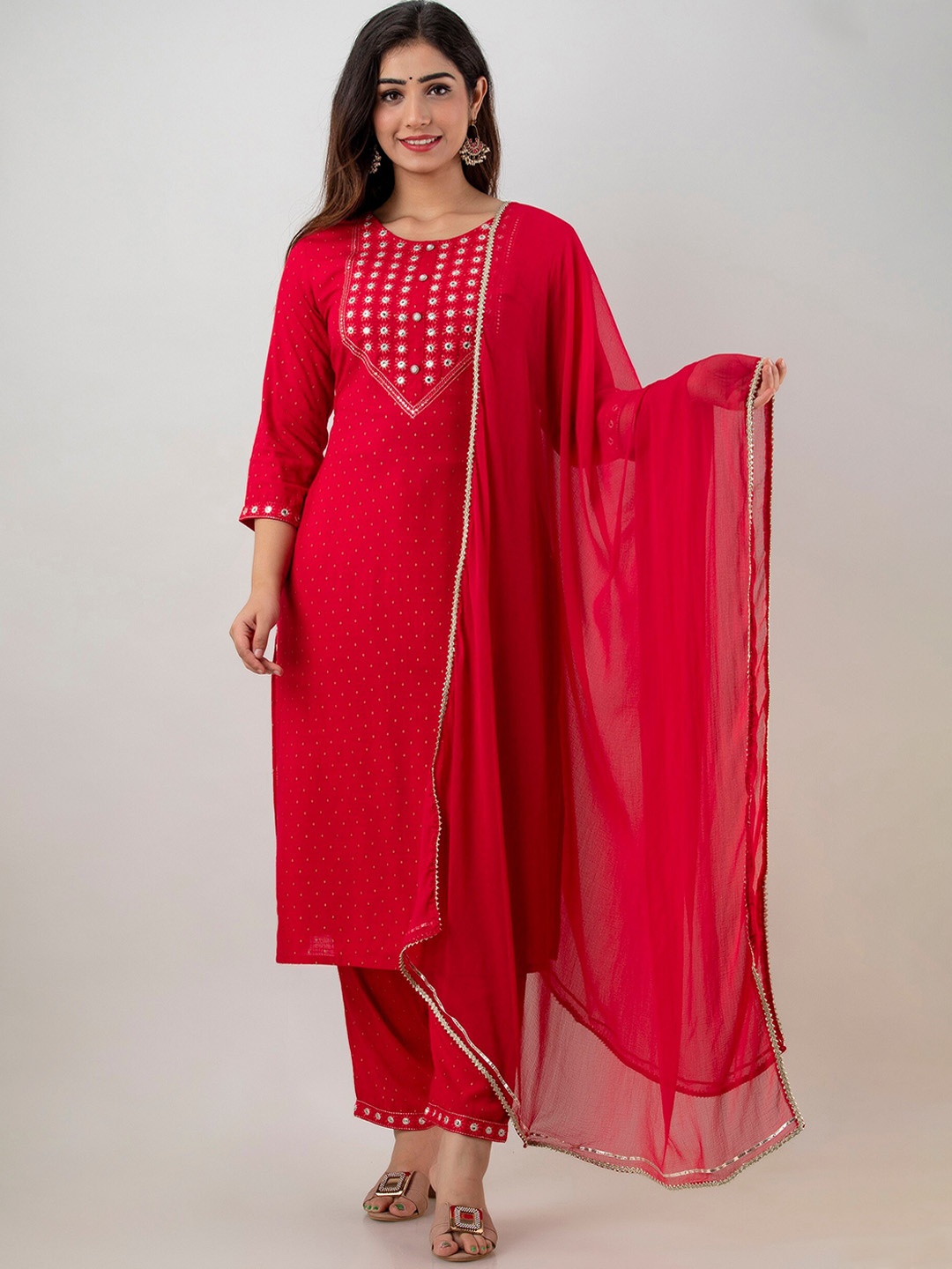 

CKM Women Pink Mirror Work Kurta with Trousers & With Dupatta
