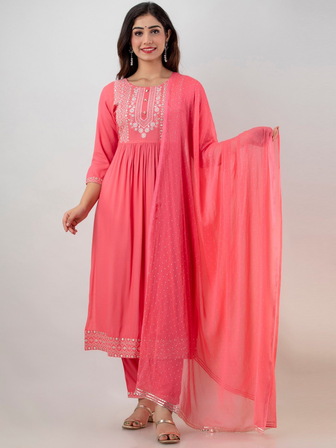 CKM Women Peach-Coloured Floral Yoke Design Pleated Mirror Work Kurta with Palazzos & With Dupatta