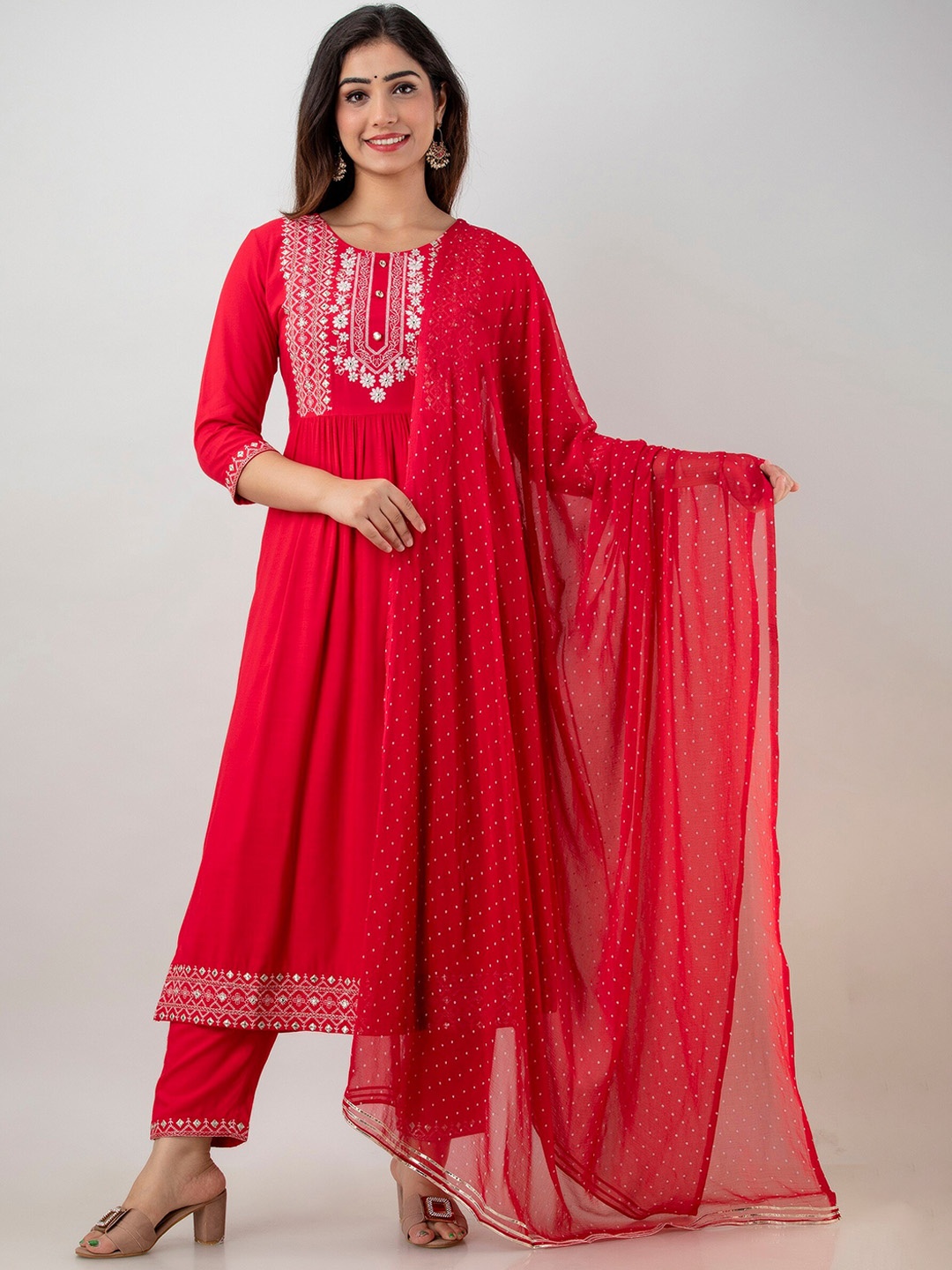 

CKM Women Pink Floral Yoke Design Pleated Kurta with Trousers & With Dupatta