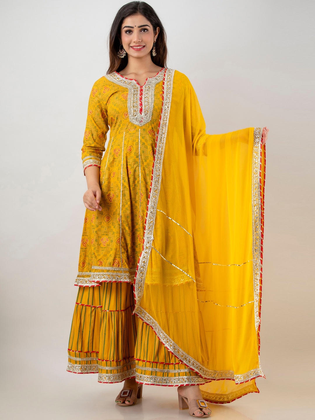 

CKM Women Mustard Yellow Yoke Design Gotta Patti Kurta with Sharara & Dupatta Set