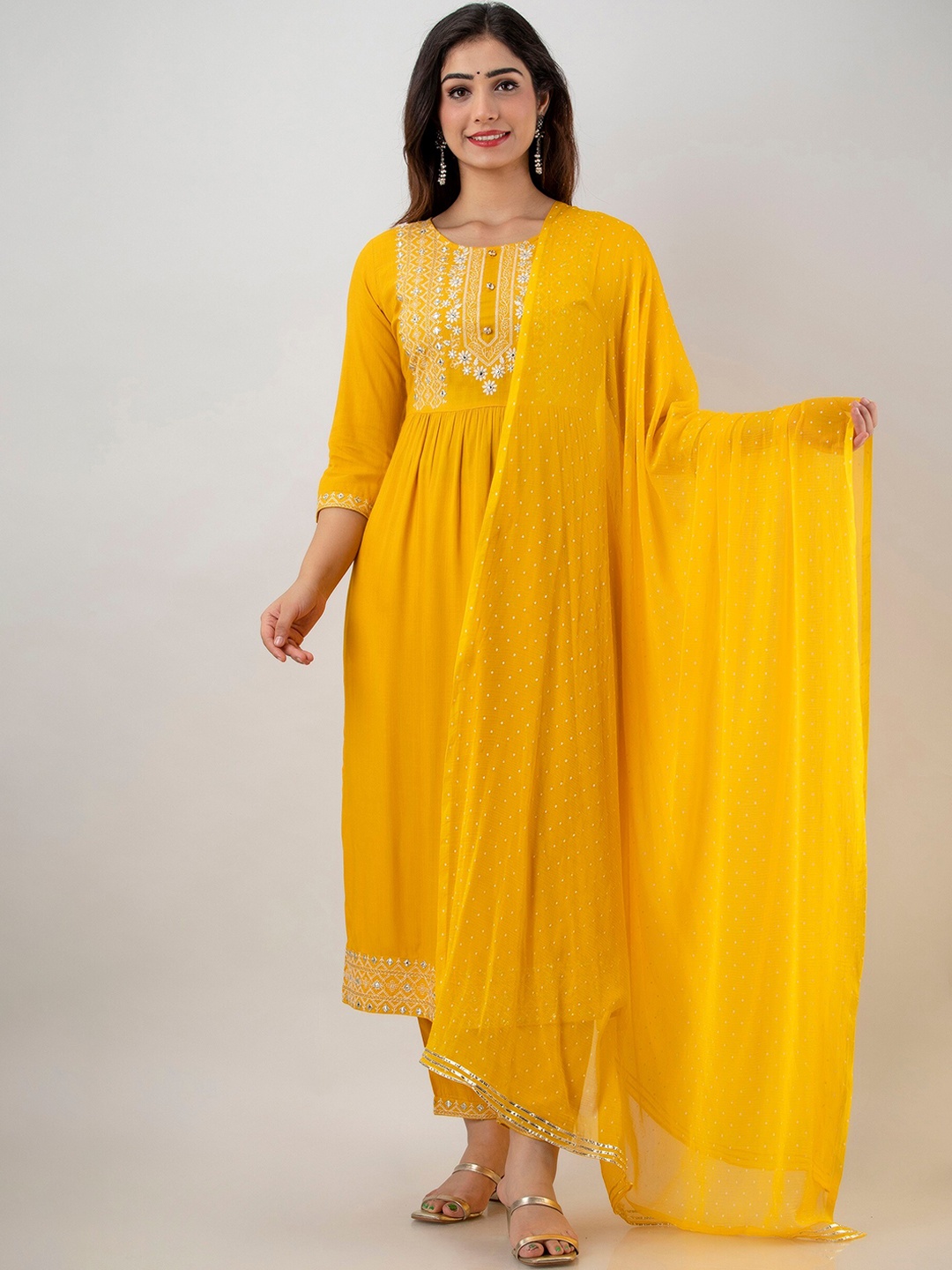 

CKM Women Mustard Yellow Empire Thread Work Kurta with Trousers & With Dupatta