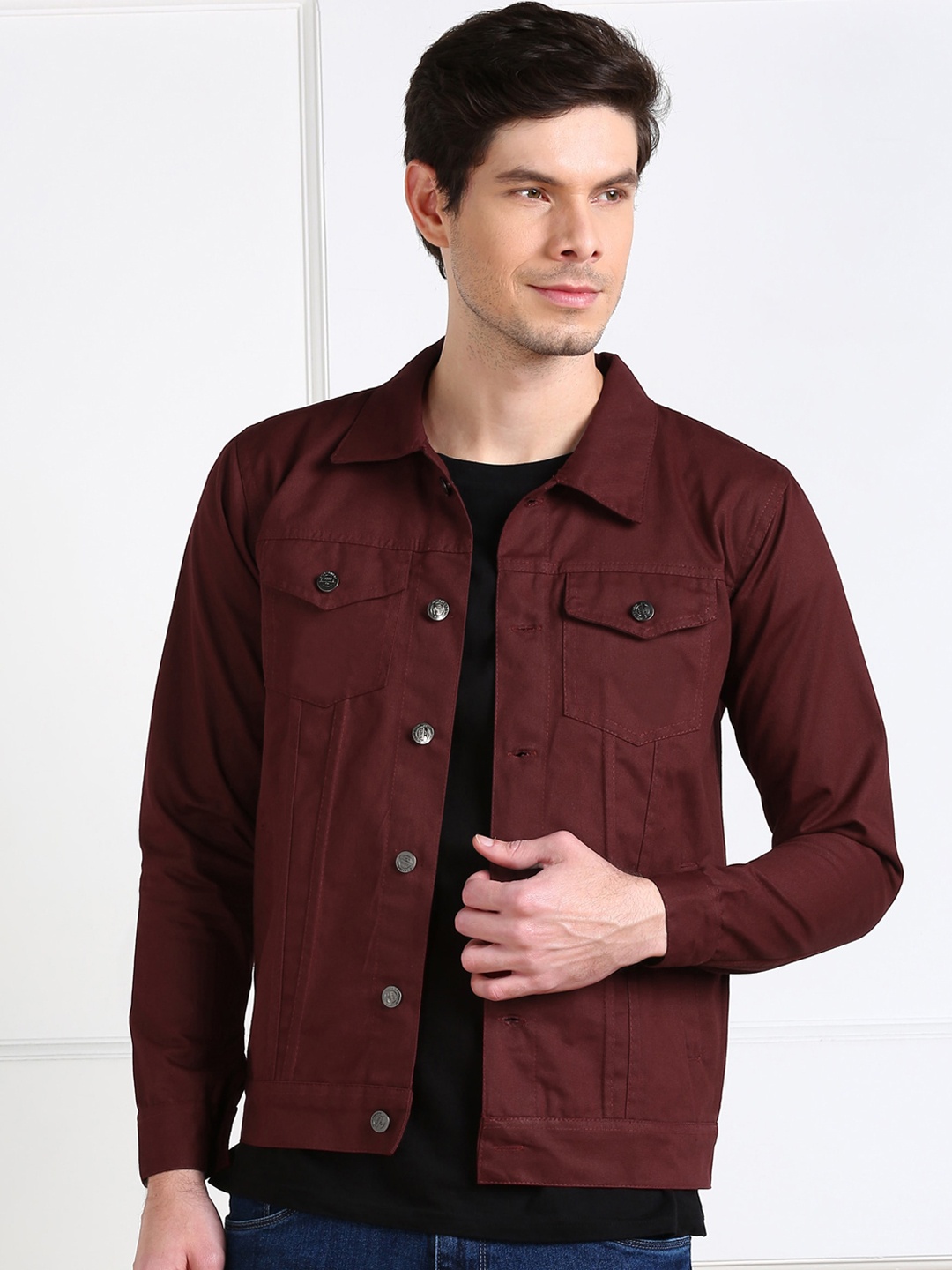 

MONTREZ Men Maroon Solid Regular Fit Denim Jacket