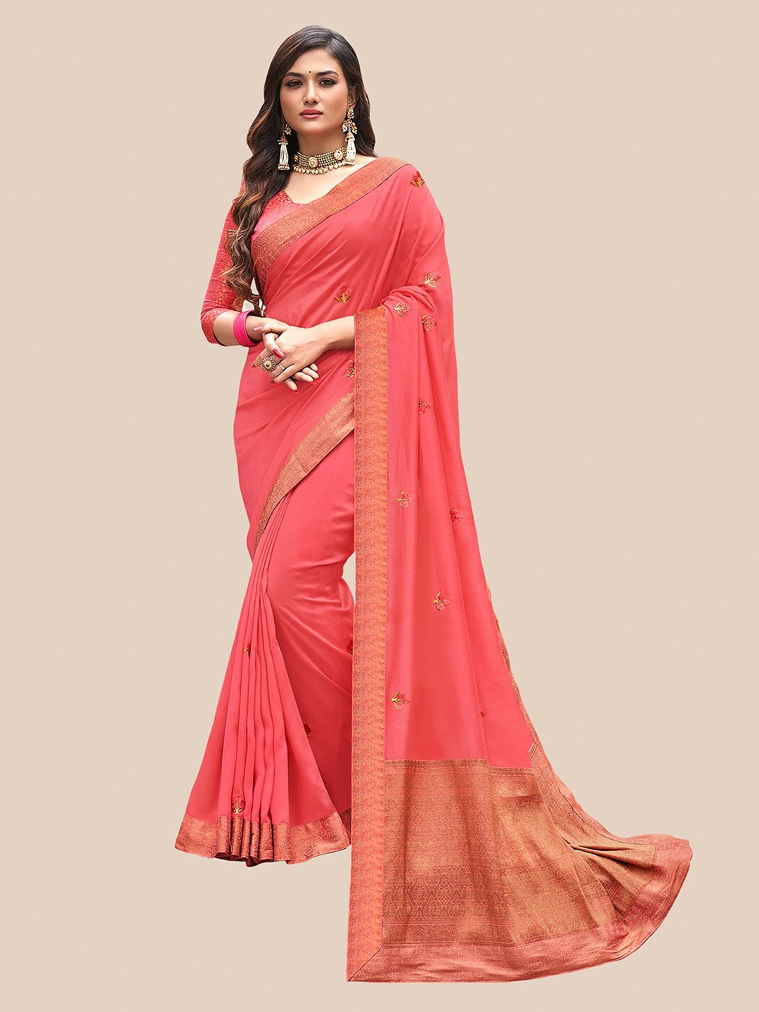 

UNITED LIBERTY Pink & Gold-Toned Floral Embroidered Art Silk Saree