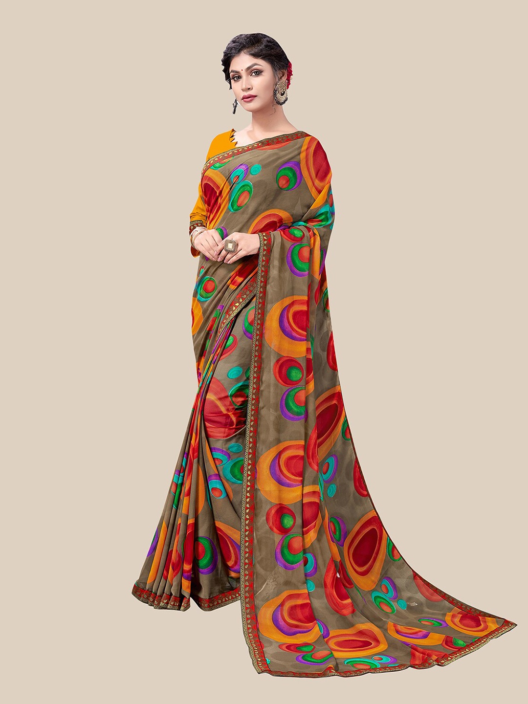 

UNITED LIBERTY Brown & Orange Pure Georgette Block Print Saree