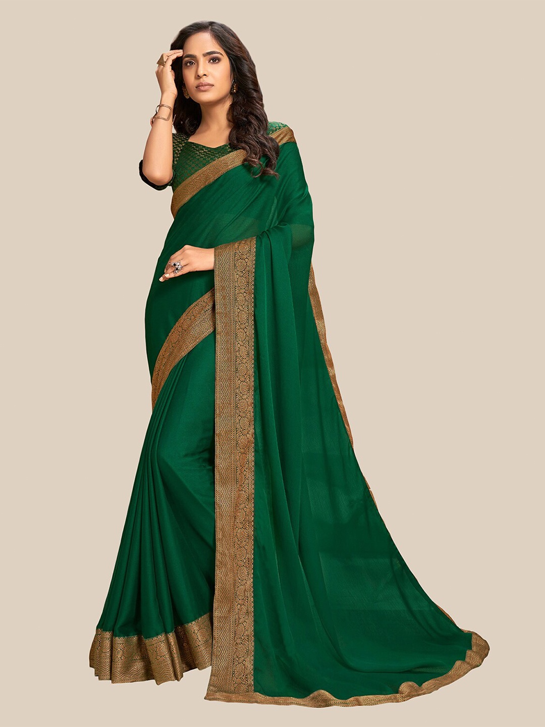 

UNITED LIBERTY Green & Gold-Toned Zari Pure Chiffon Block Print Saree