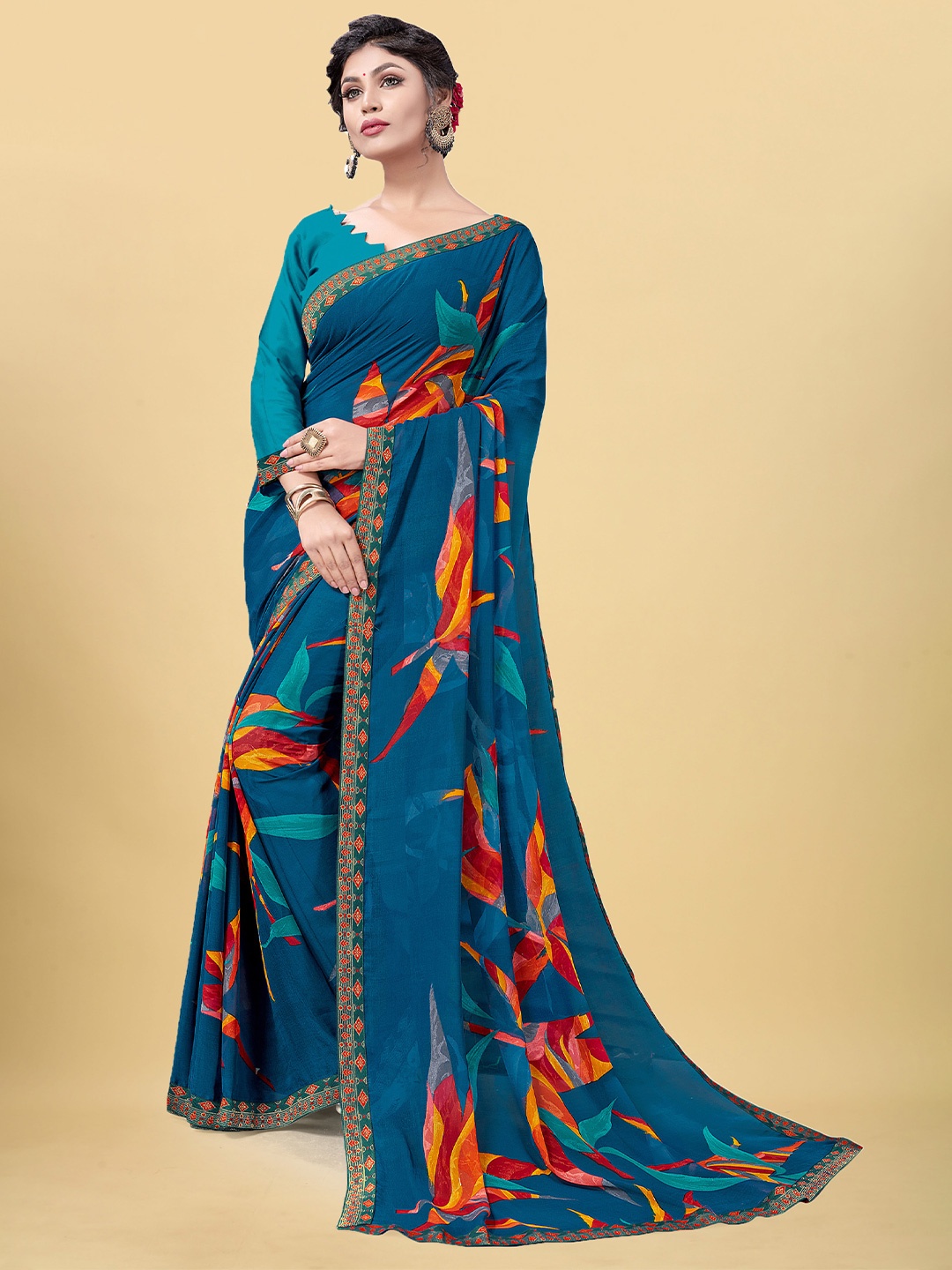 

UNITED LIBERTY Teal & Orange Floral Zari Pure Georgette Block Printed Saree