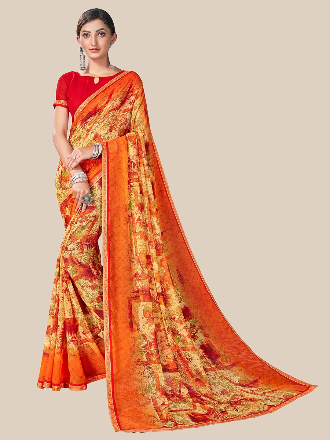 

UNITED LIBERTY Orange & Green Floral Pure Georgette Block Print Saree
