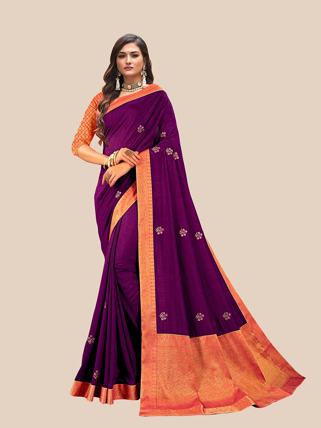 

UNITED LIBERTY Purple & Orange Floral Art Silk Block Print Saree