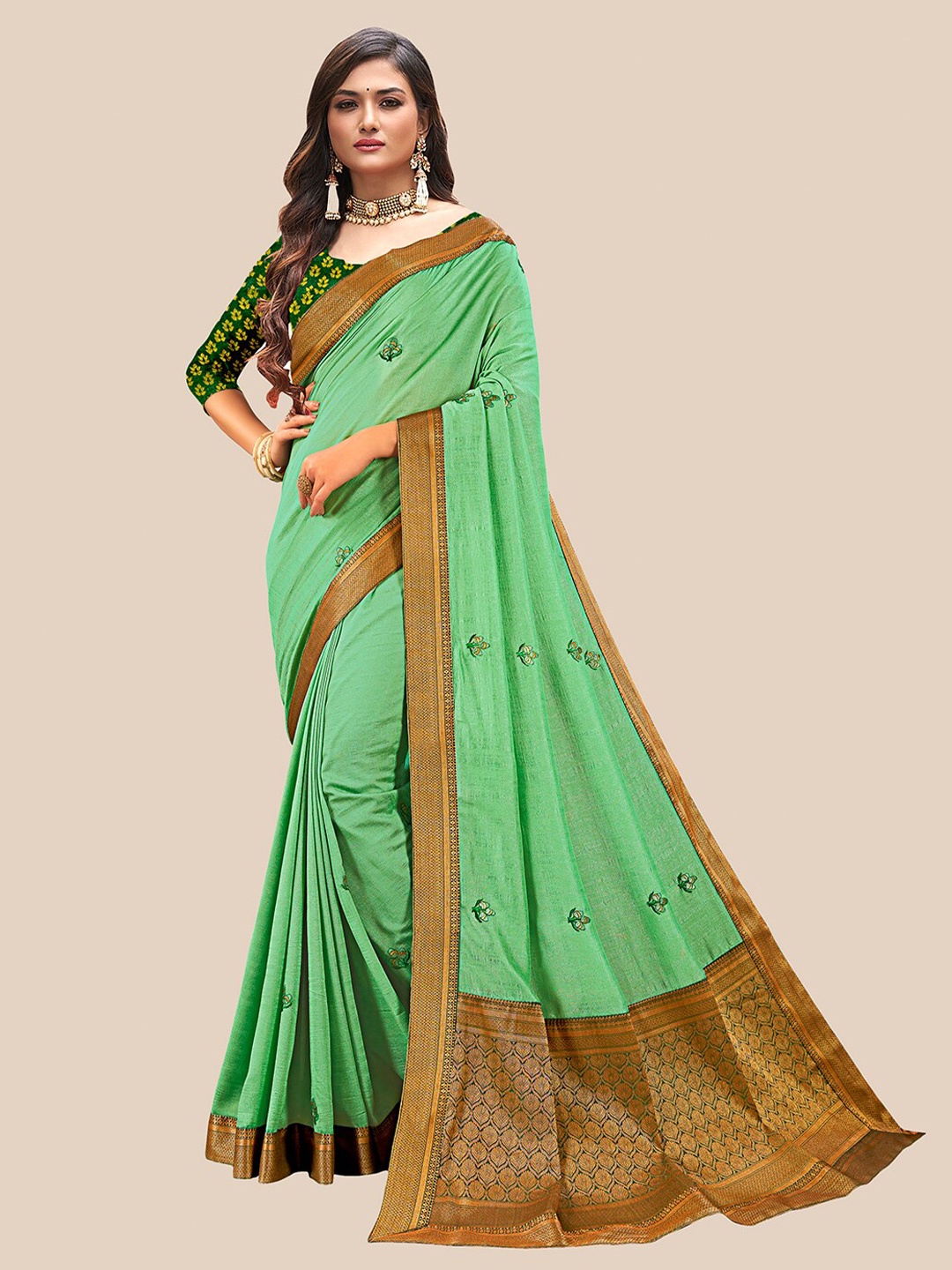 

UNITED LIBERTY Green & Copper-Toned Floral Embroidered Art Silk Block Print Saree