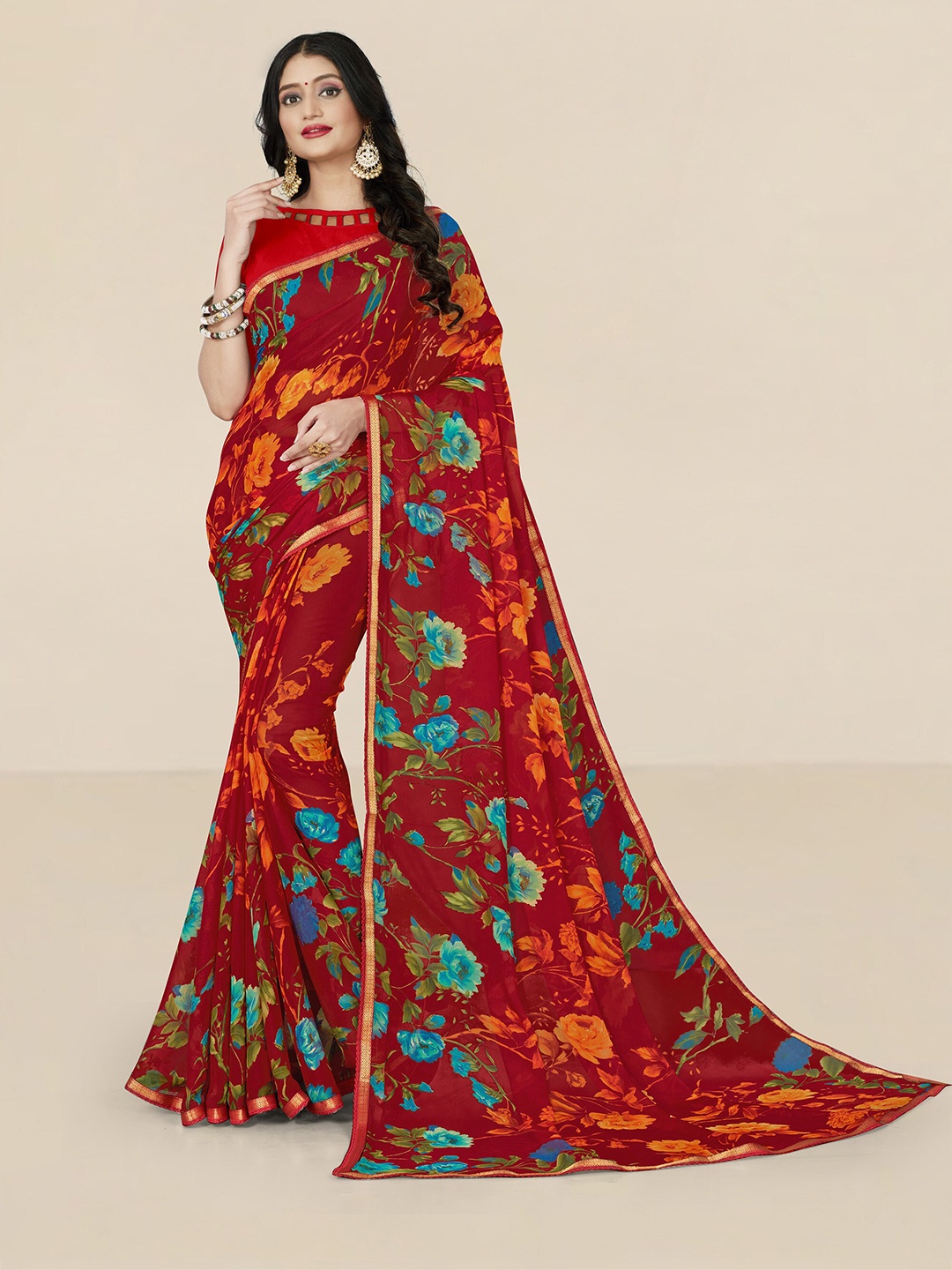 

UNITED LIBERTY Red & Blue Floral Zari Pure Georgette Block Print Saree