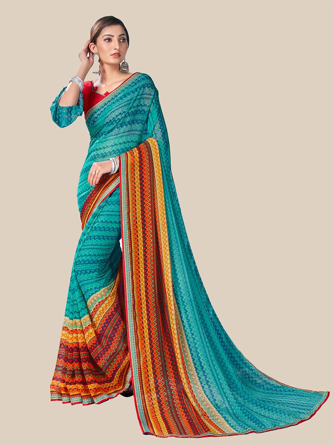 

UNITED LIBERTY Turquoise Blue & Red Striped Pure Georgette Block Print Saree