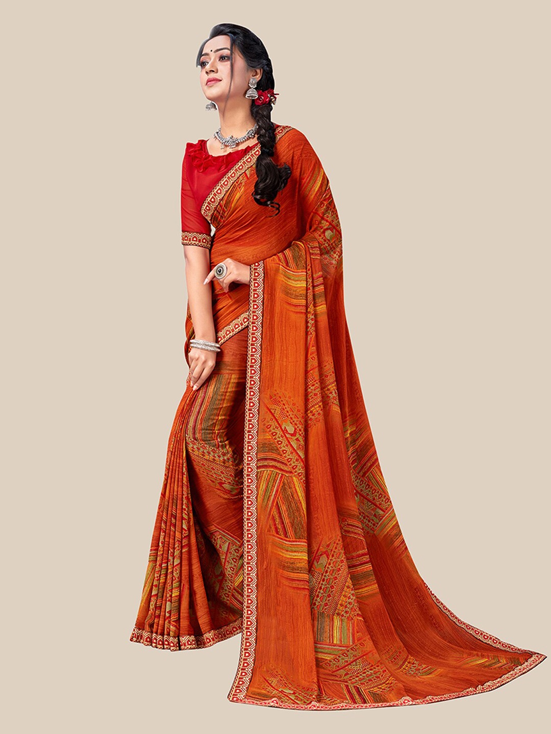 

UNITED LIBERTY Brown & Orange Floral Zari Pure Georgette Block Print Saree