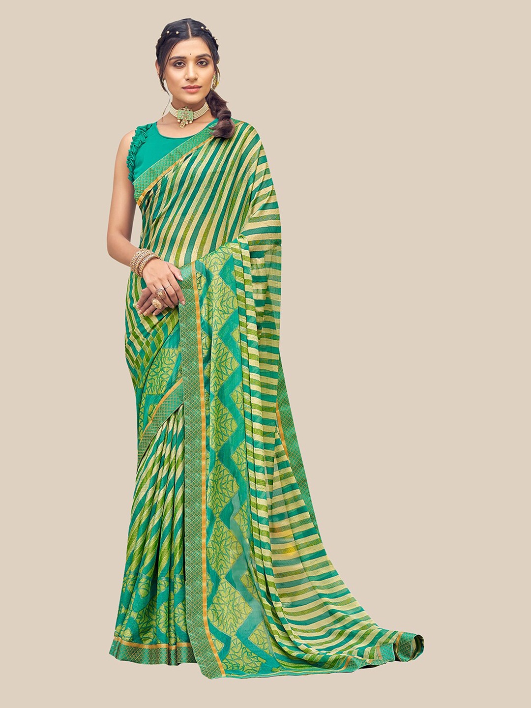 

UNITED LIBERTY Green Floral Zari Brasso Block Print Saree