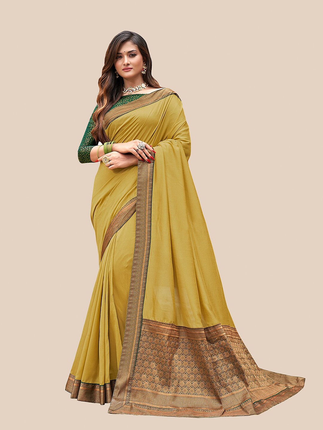 

UNITED LIBERTY Olive Green & Green Patchwork Art Silk Block Print Saree