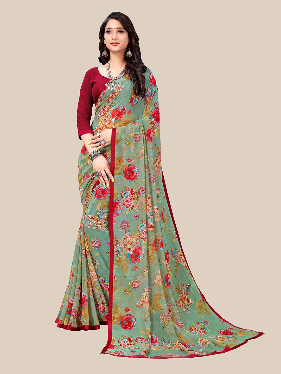 

UNITED LIBERTY Olive Green & Red Floral Printed Zari Pure Georgette Block Print Saree