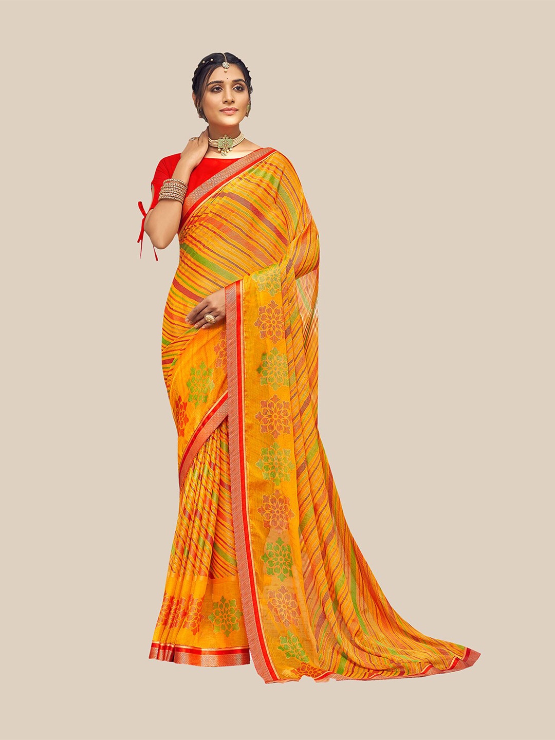 

UNITED LIBERTY Yellow & Green Floral Zari Brasso Block Print Saree