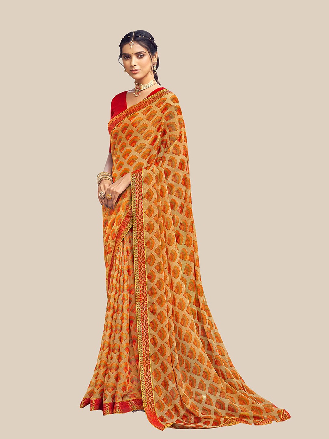 

UNITED LIBERTY Brown & Red Floral Zari Brasso Block Print Saree