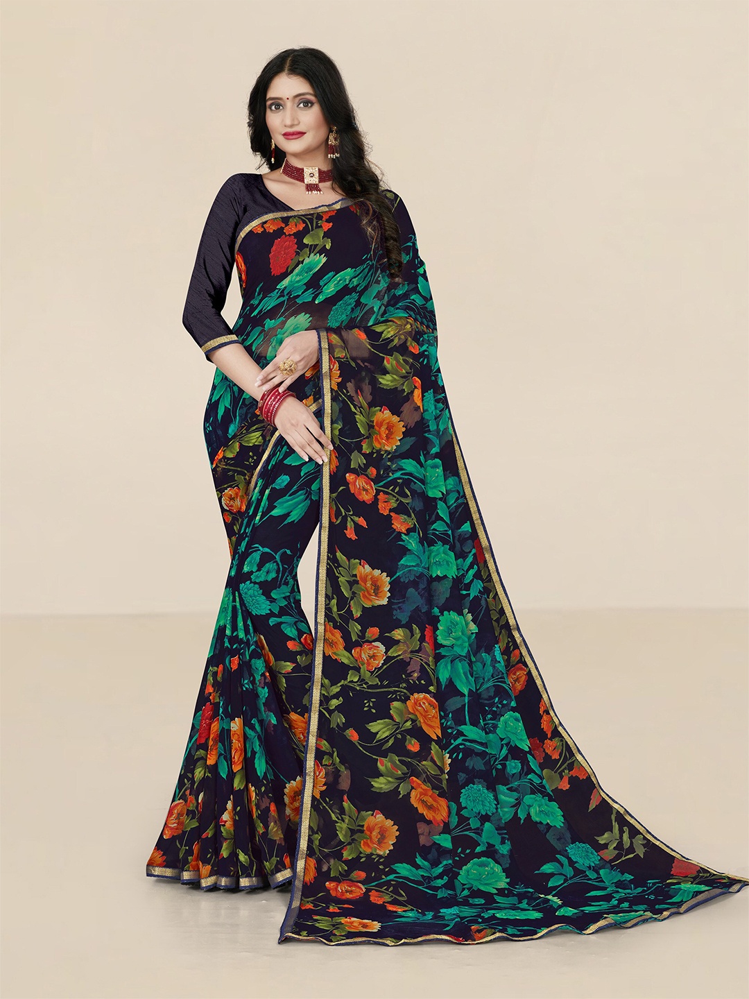 

UNITED LIBERTY Navy Blue & Red Floral Zari Pure Georgette Block Print Saree