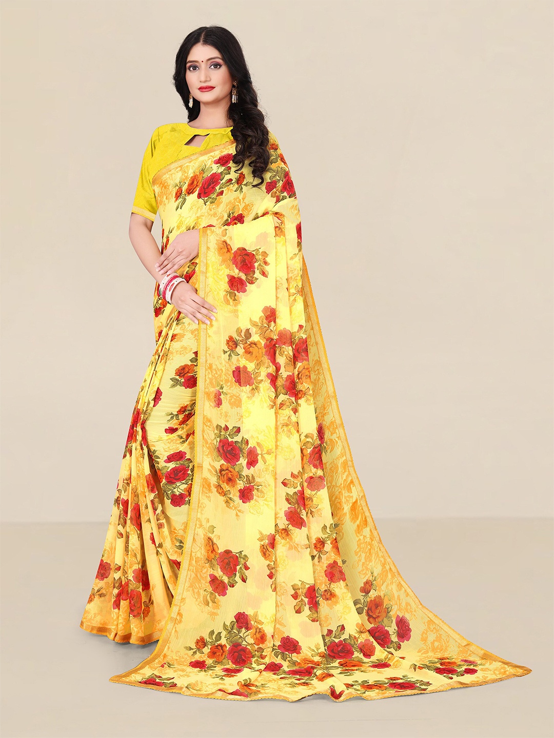 

UNITED LIBERTY Yellow & Red Floral Zari Pure Georgette Block Print Saree