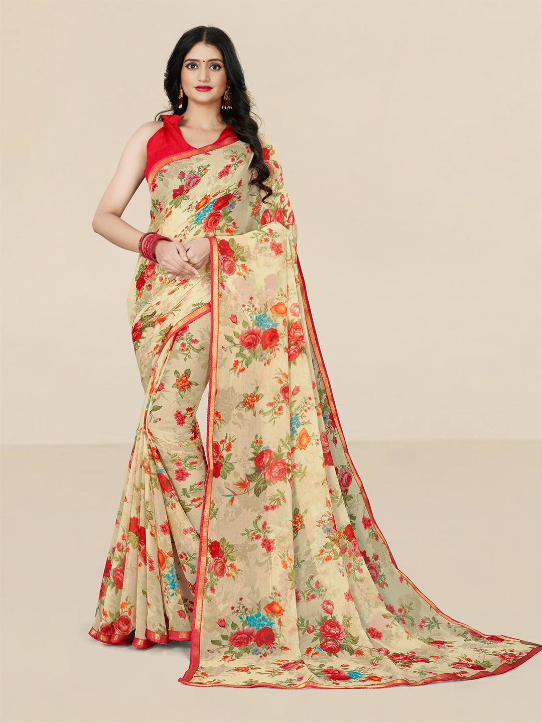 

UNITED LIBERTY Cream-Coloured & Red Floral Zari Pure Georgette Block Print Saree