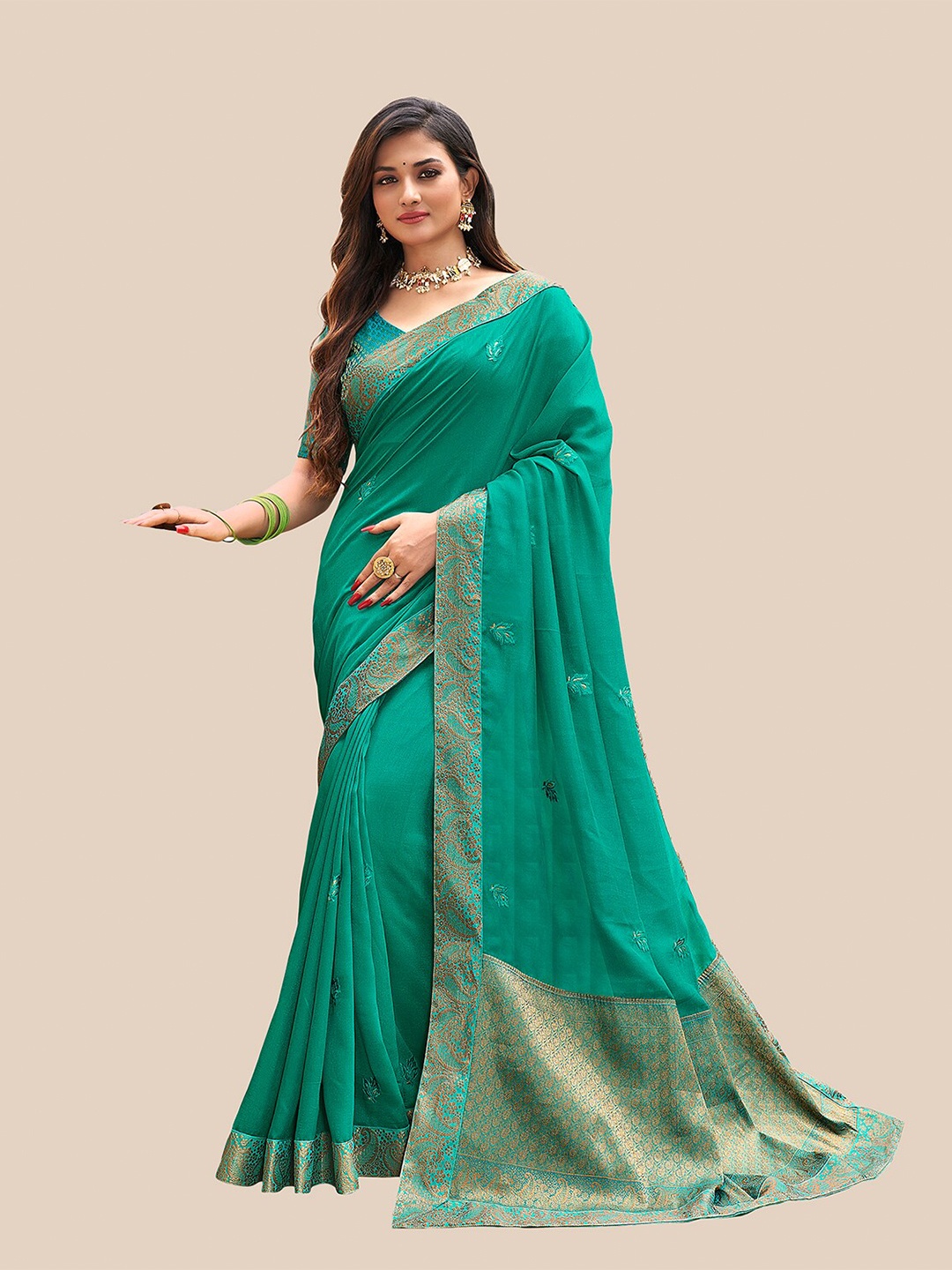 

UNITED LIBERTY Turquoise Blue & Gold-Toned Floral Embroidered Saree