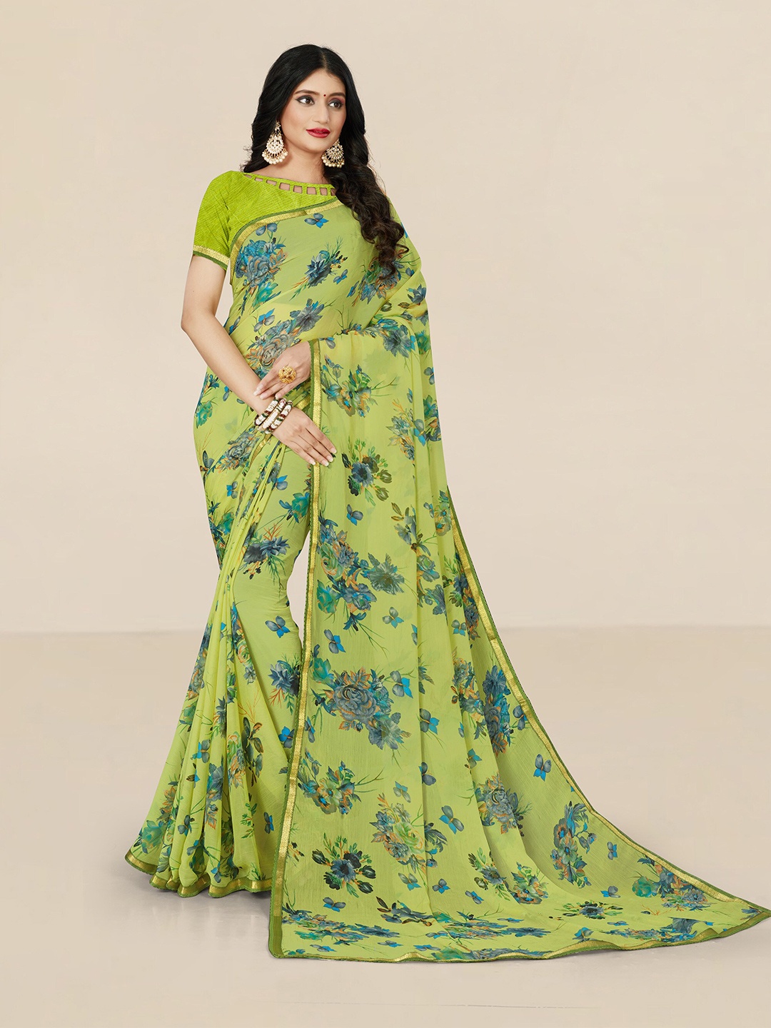 

UNITED LIBERTY Green & Gold-Toned Floral Zari Pure Georgette Saree