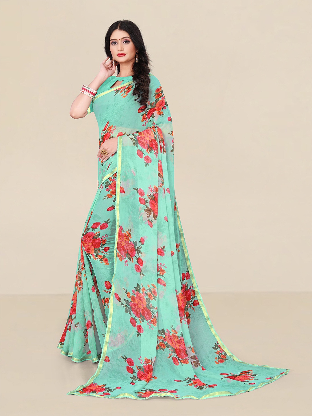 

UNITED LIBERTY Green & Red Floral Zari Pure Georgette Block Print Saree