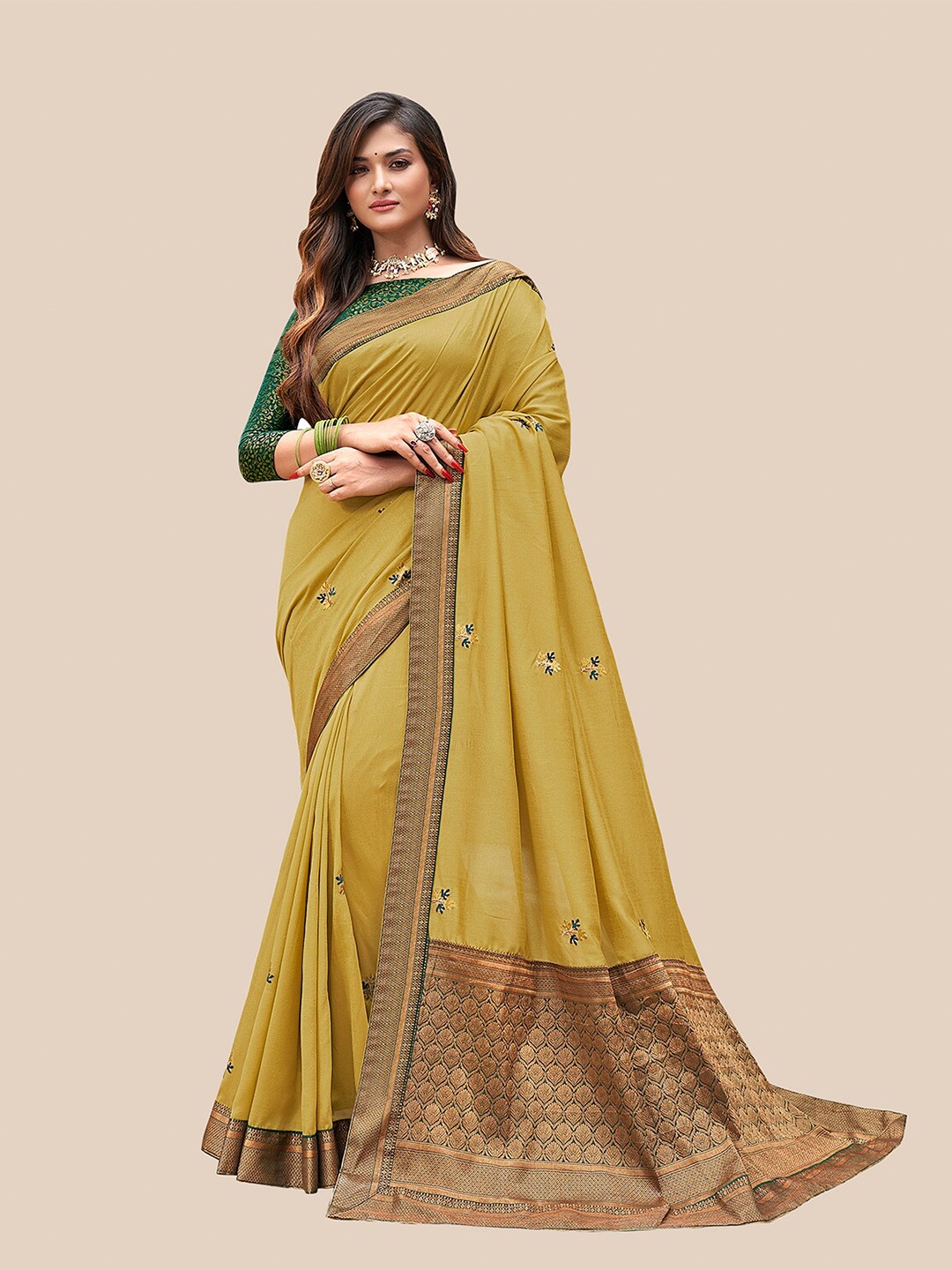 

UNITED LIBERTY Olive Green & Gold-Toned Floral Embroidered Art Silk Block Print Saree