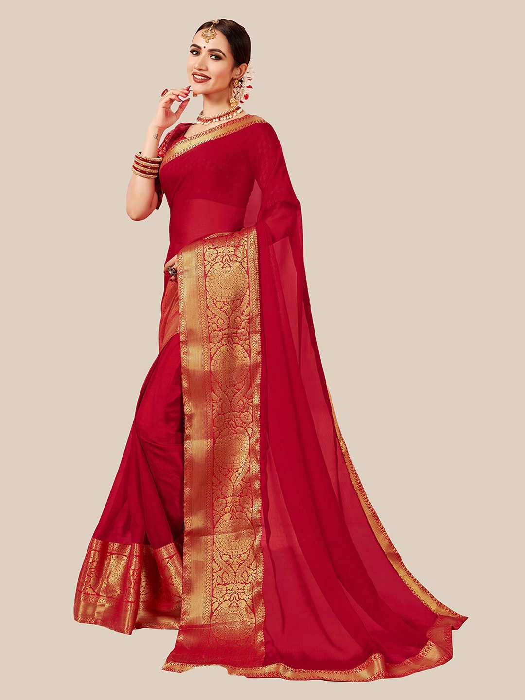 

UNITED LIBERTY Red & Gold-Toned Zari Pure Chiffon Block Print Saree