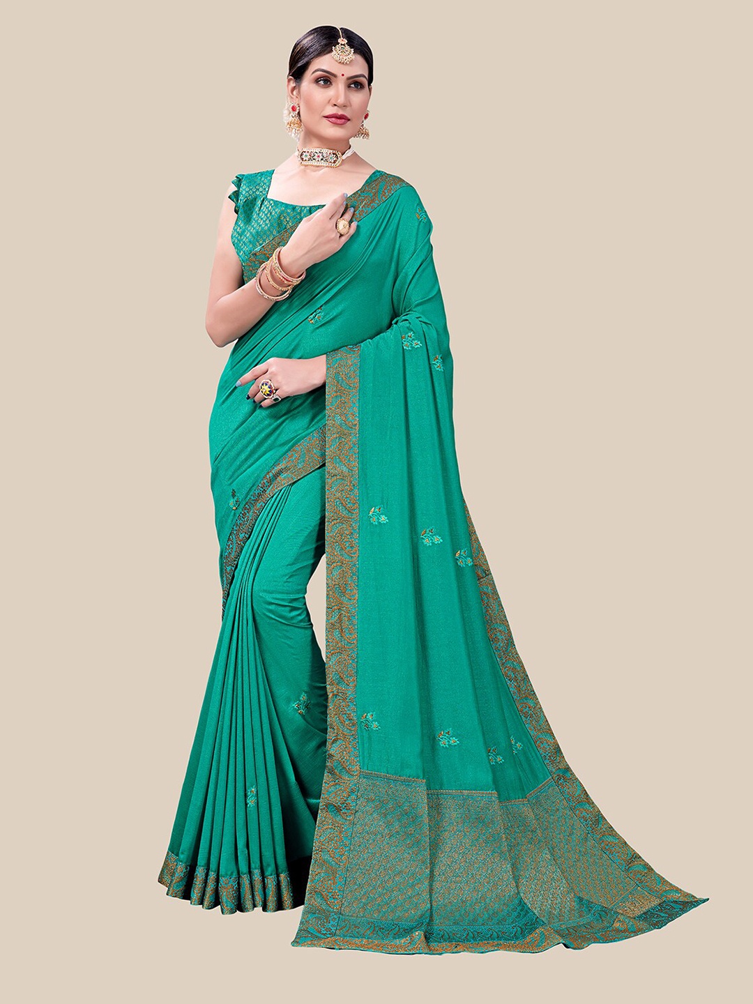 

UNITED LIBERTY Turquoise Blue & Gold-Toned Floral Embroidered Art Silk Block Print Saree