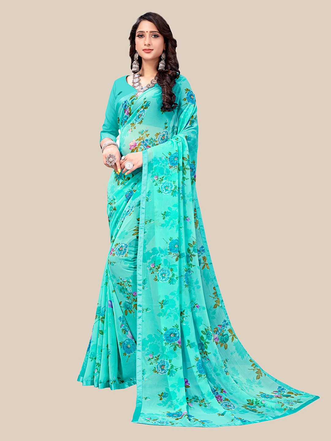 

UNITED LIBERTY Turquoise Blue & Green Floral Zari Pure Georgette Block Print Saree