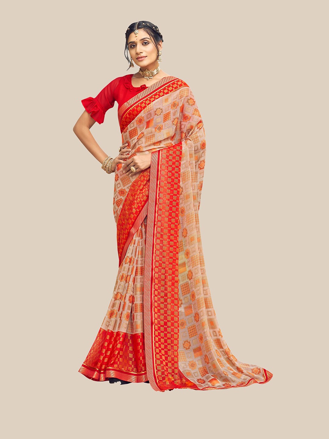 

UNITED LIBERTY Women Red & Grey Zari Brasso Block Print Saree