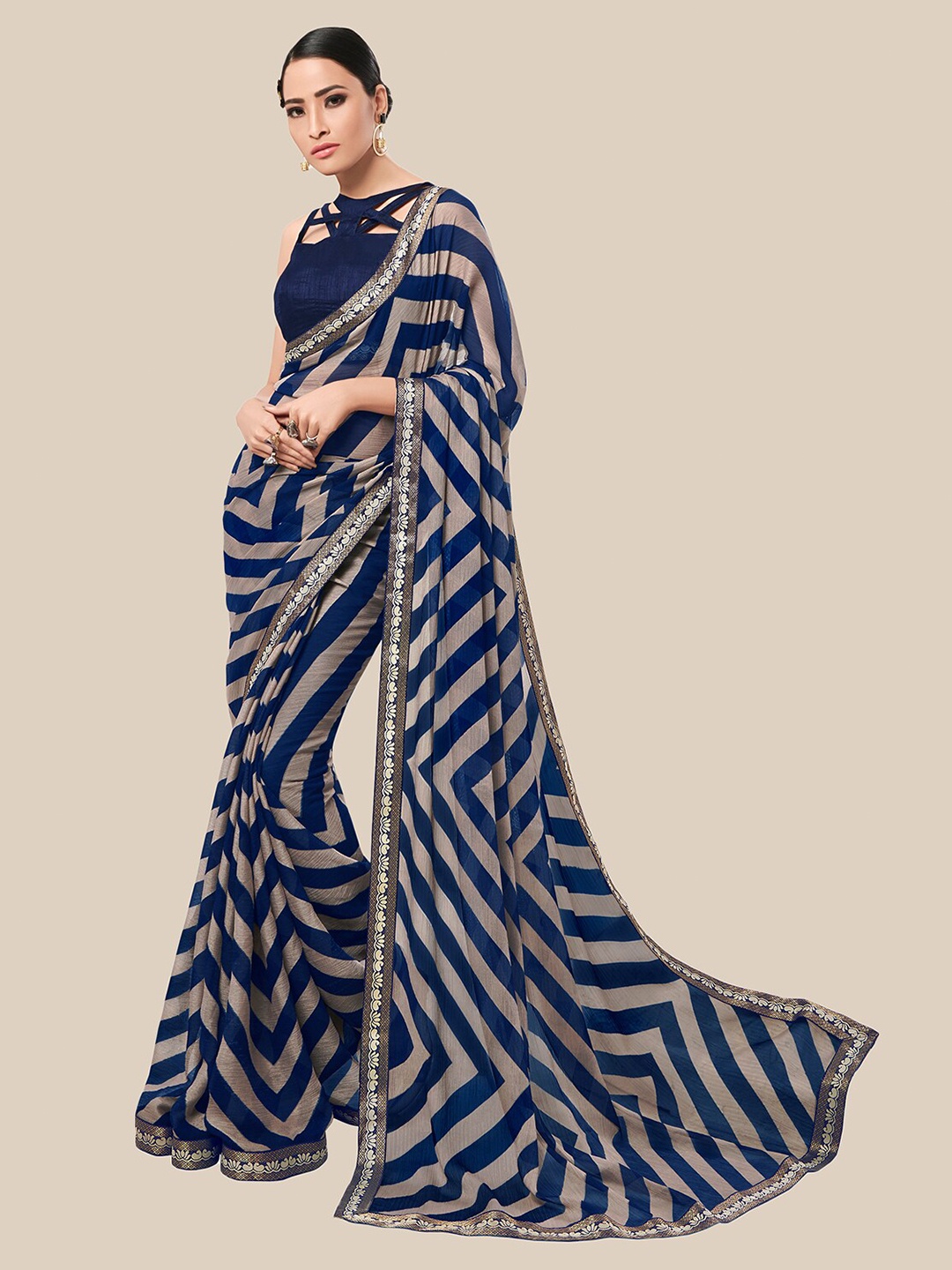 

UNITED LIBERTY Blue & Grey Zari Brasso Block Print Saree