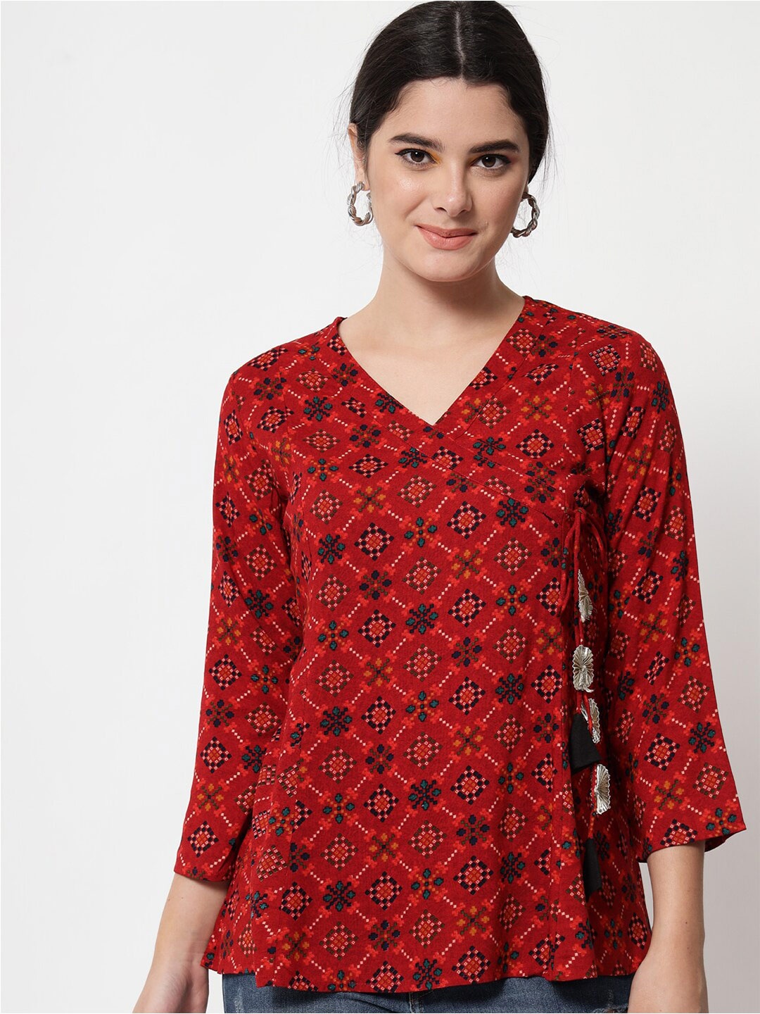 

Orchid Blues Red Bandhani Printed Wrap Top