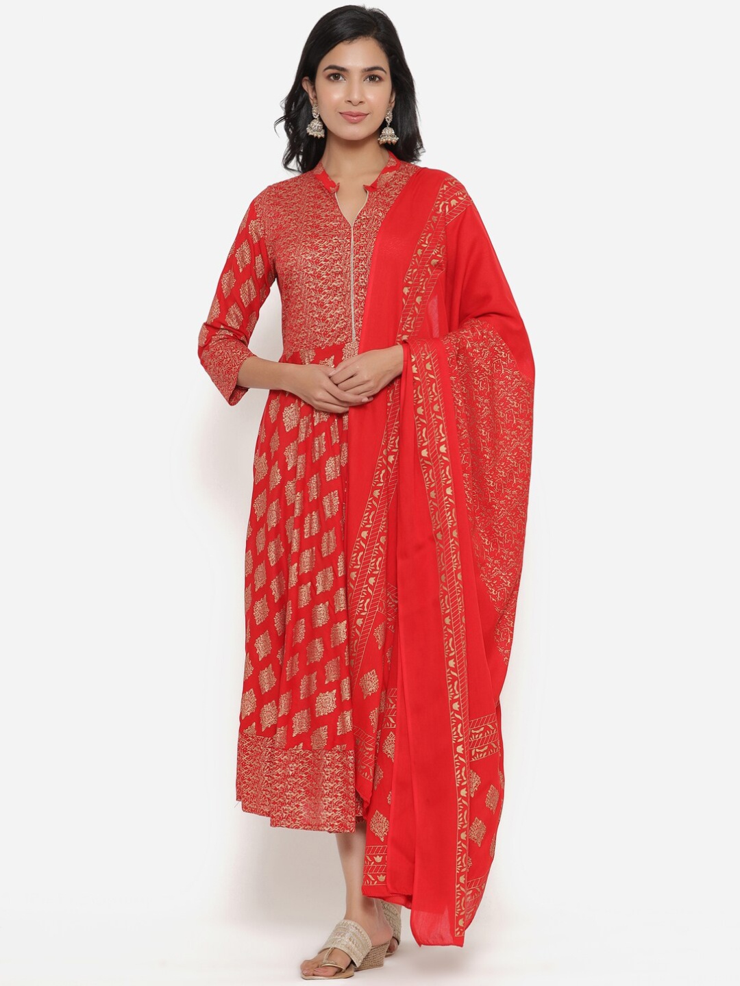 

SBR BABA KURTI Women Red Ethnic Motifs Printed Flared Sleeves Anarkali Kurta with Dupatta