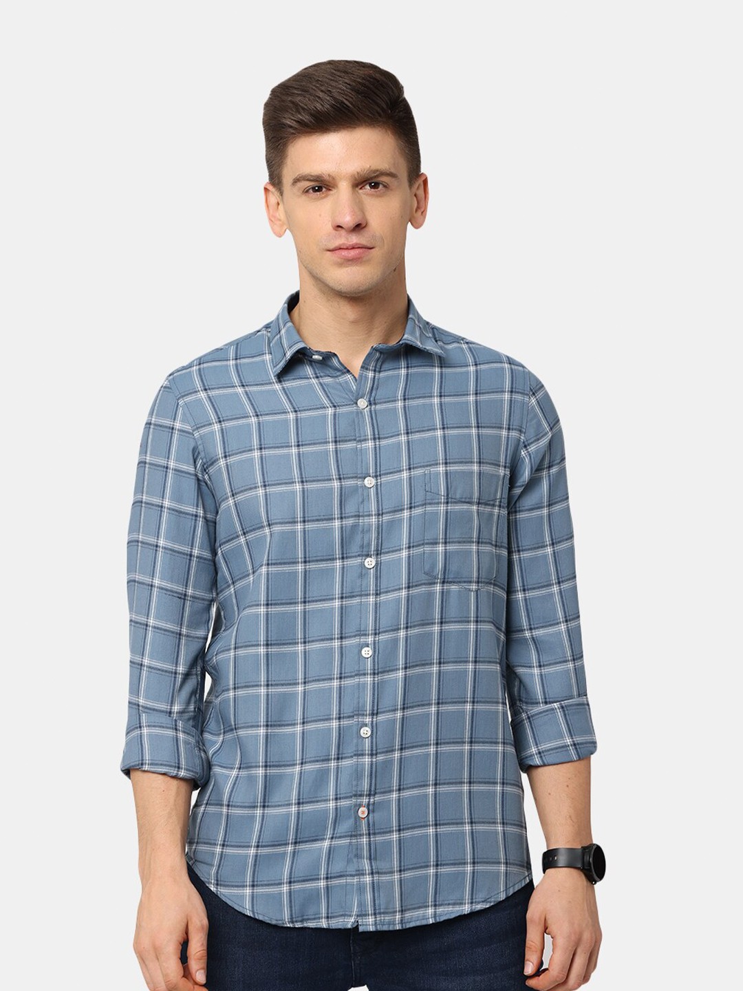 

NIRVAAN Men Grey Classic Slim Fit Grid Tattersall Checks Casual Shirt