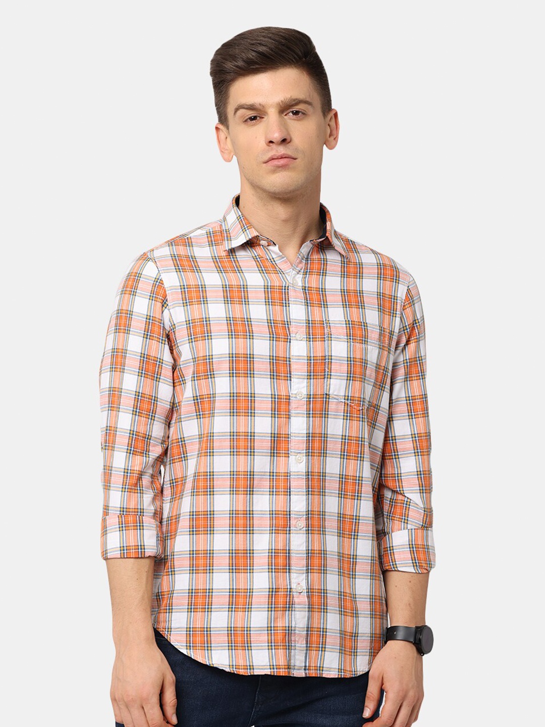 

NIRVAAN Men Orange Classic Slim Fit Checked Casual Shirt