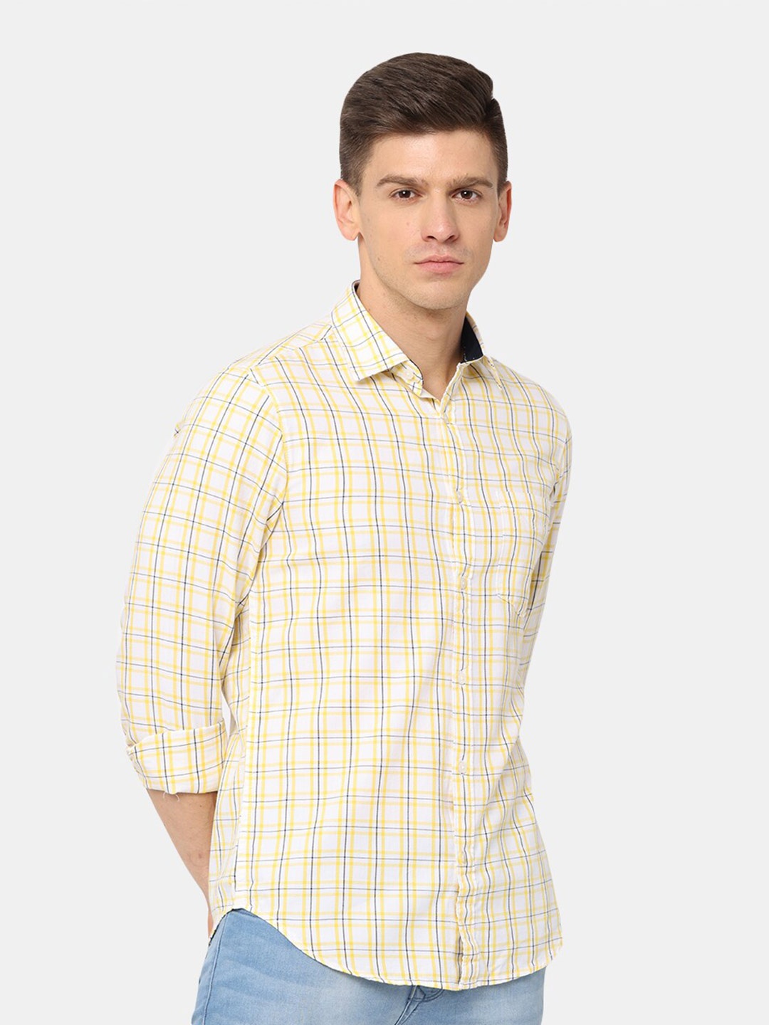 

NIRVAAN Men Cream-Coloured Classic Slim Fit Checked Cotton Casual Shirt