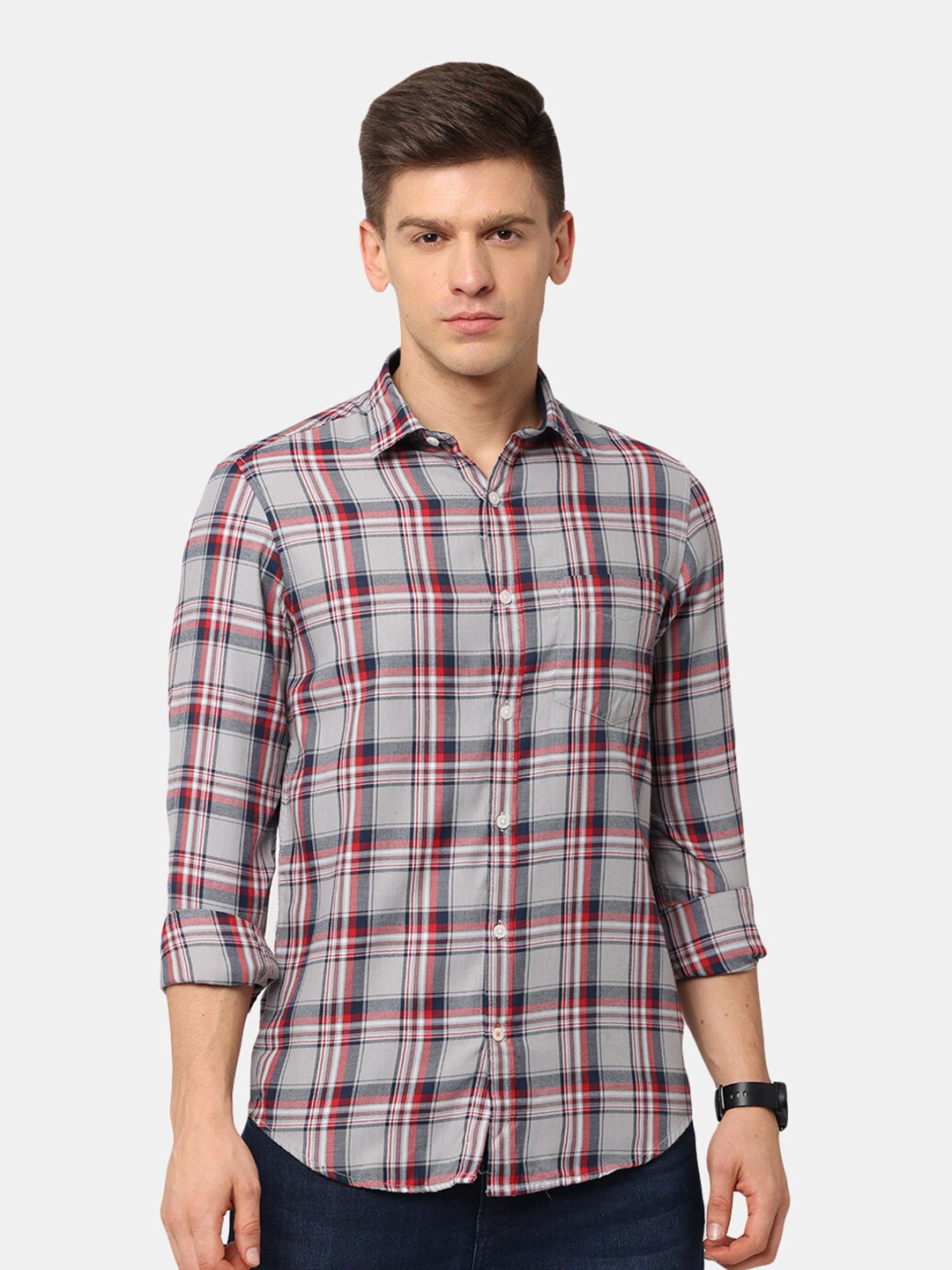 

NIRVAAN Men Grey Classic Slim Fit Tartan Checks Casual Shirt