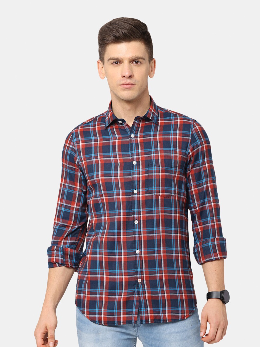 

NIRVAAN Men Navy Blue Classic Slim Fit Tartan Checked Casual Shirt