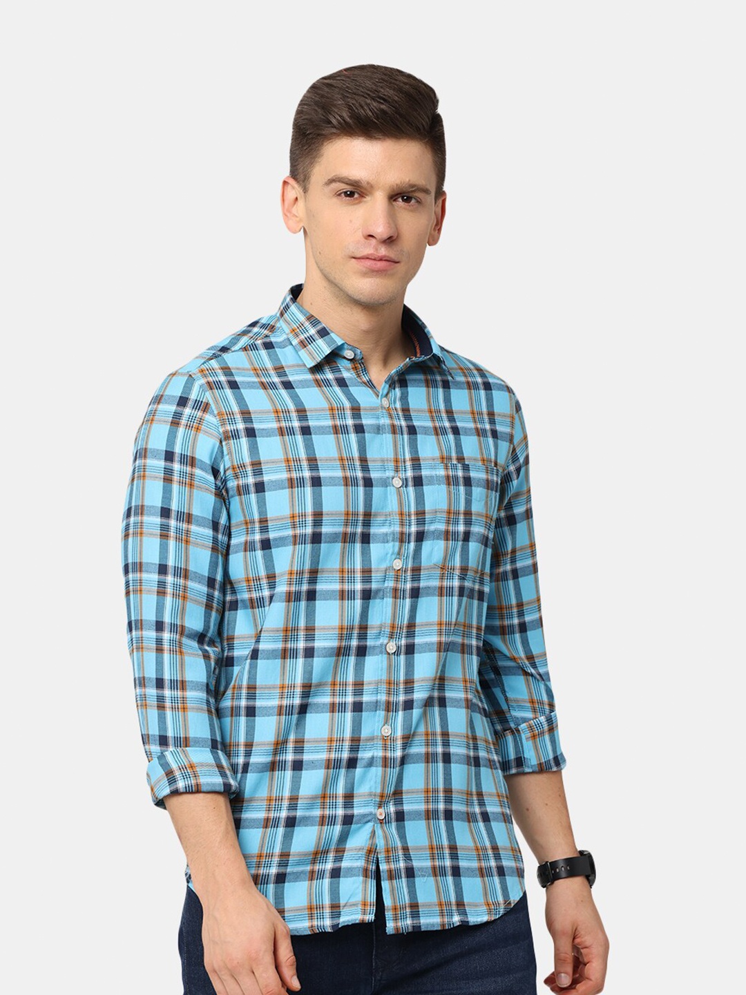 

NIRVAAN Men Teal Classic Slim Fit Tartan Checks Casual Shirt