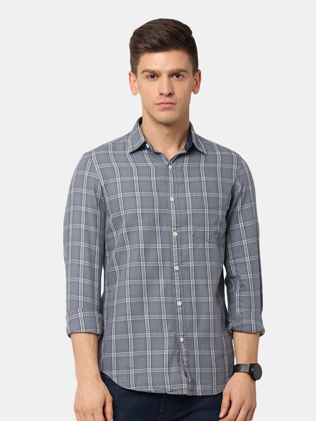 

NIRVAAN Men Grey Classic Slim Fit Grid Tattersall Checked Cotton Casual Shirt