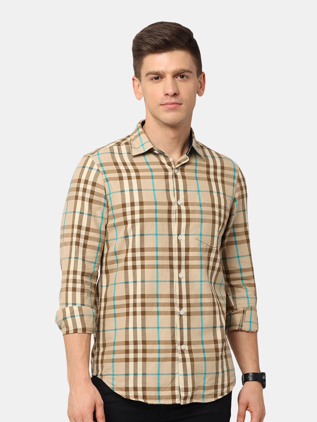 

NIRVAAN Men Beige Classic Slim Fit Tartan Checked Casual Shirt