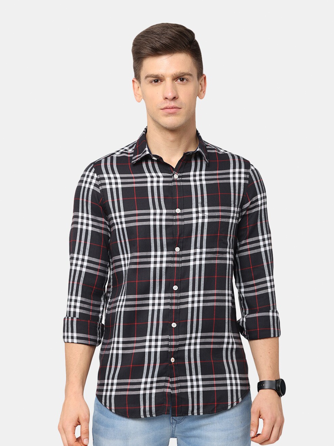 

NIRVAAN Men Black Classic Slim Fit Tartan Checks Casual Cotton Shirt