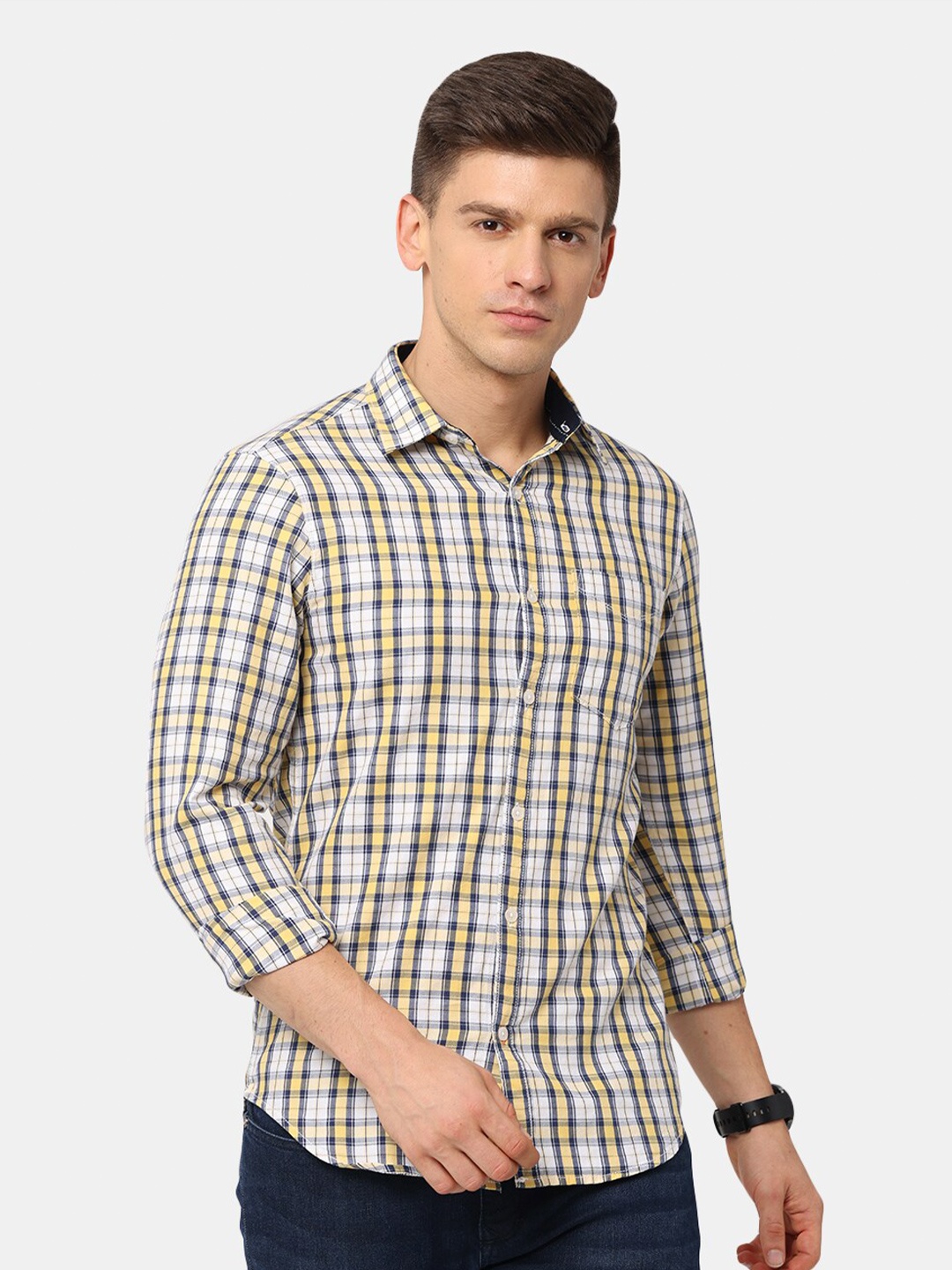 

NIRVAAN Men Cream-Coloured Classic Slim Fit Tartan Checked Casual Shirt