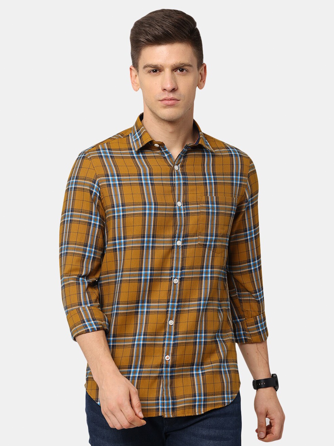 

NIRVAAN Men Brown Classic Slim Fit Tartan Checked Casual Shirt