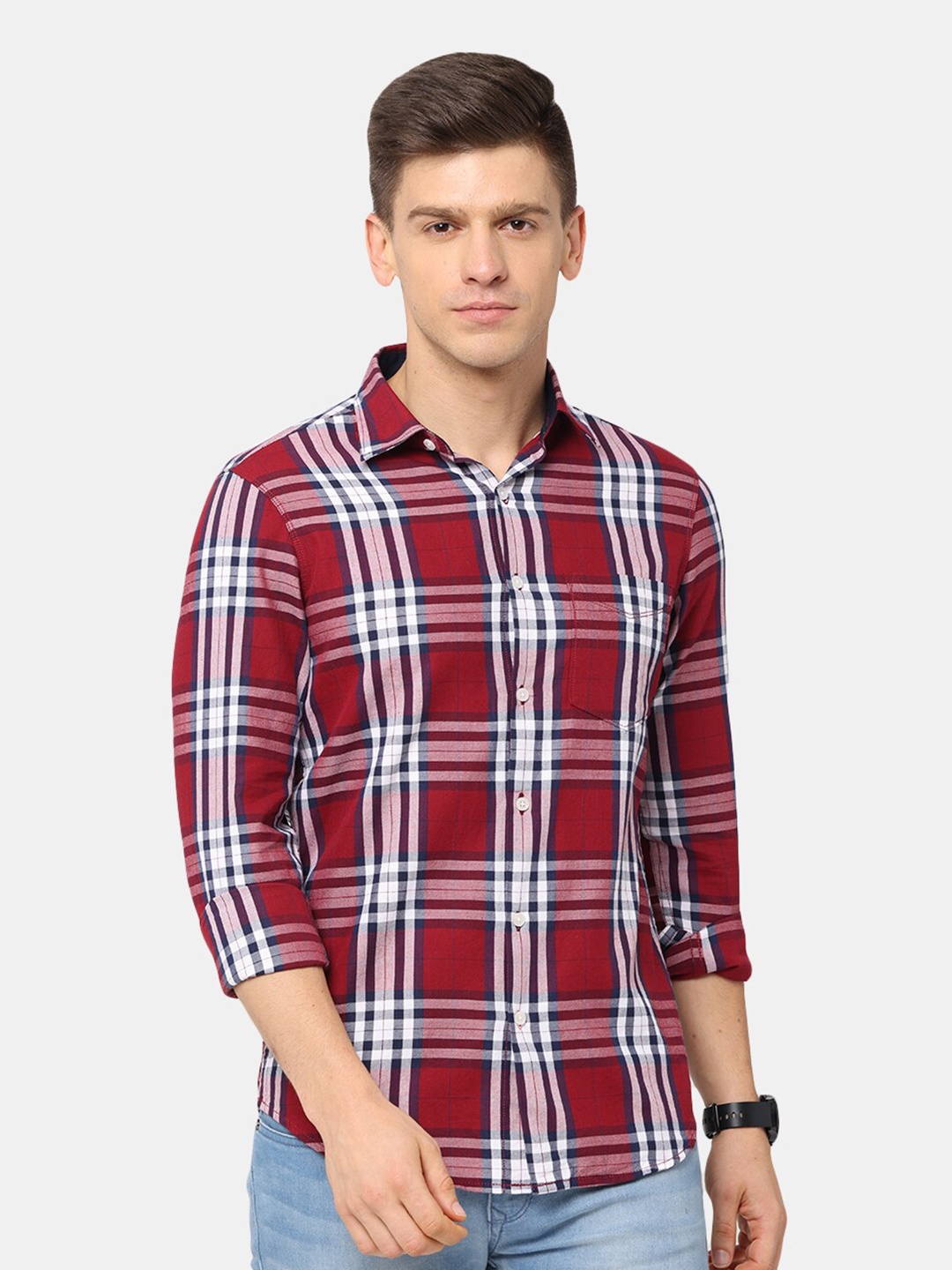 

NIRVAAN Men Red Classic Slim Fit Tartan Checked Casual Shirt