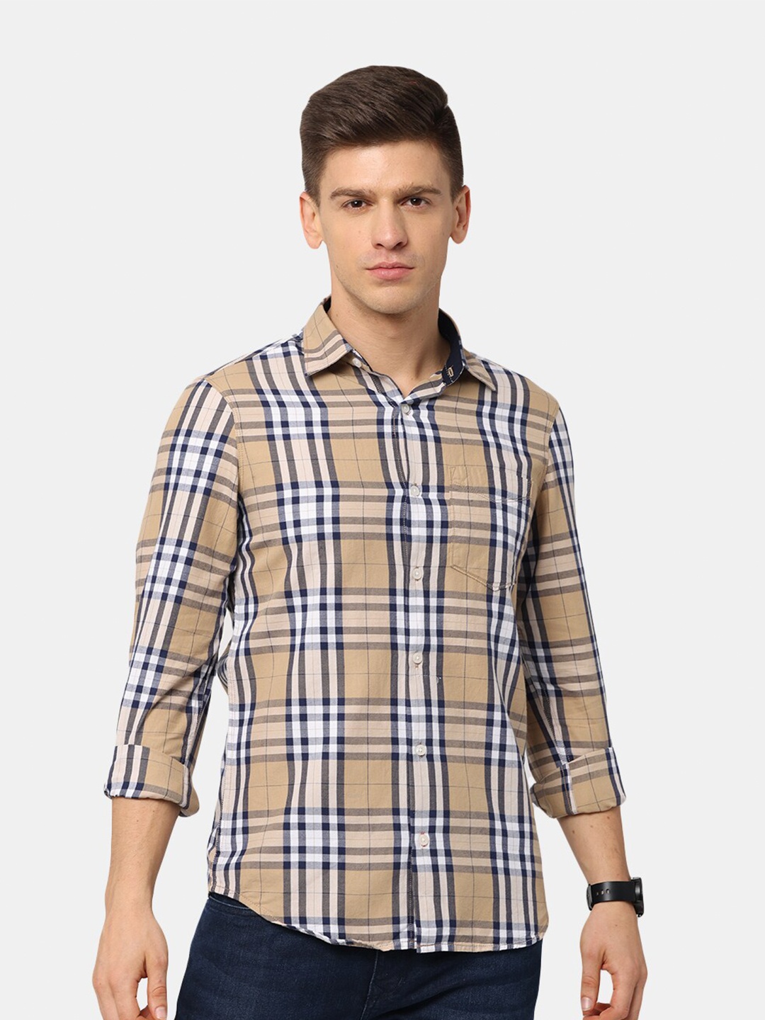 

NIRVAAN Men Beige Classic Slim Fit Tartan Checked Cotton Casual Shirt